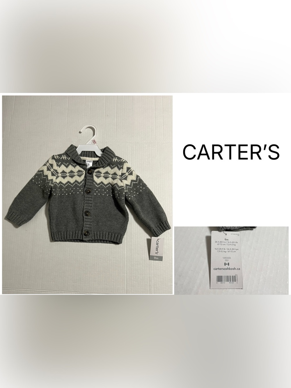 CARTER’S - 9M - NWT - INFANT BOYS GREY FAIRISLE KNIT CARDIGAN SWEATER
